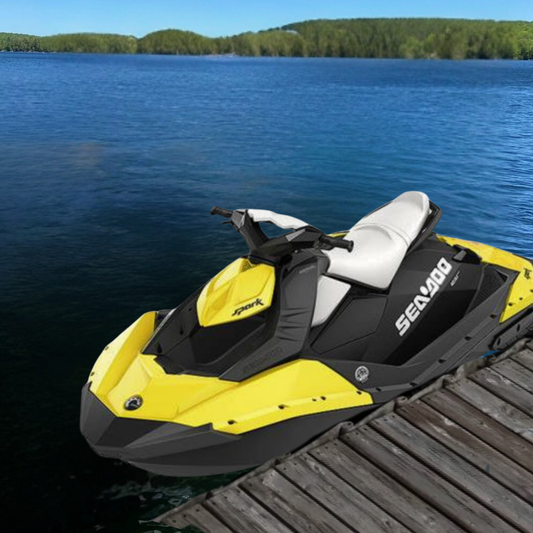 A yellow and black Sea Doo Spark watercraft designed for personal water sports and activities.
