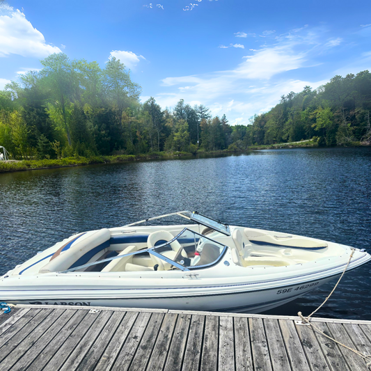 White boat on a dock with a scenic background of trees and water